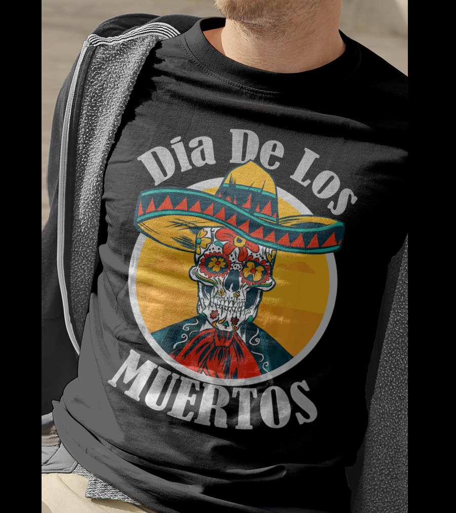 Dia De Los Muertos Skull With Sombrero And Floral Decoration T-Shirt