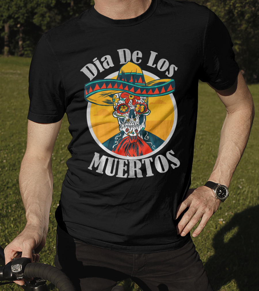 Dia De Los Muertos Skull With Sombrero And Floral Decoration T-Shirt