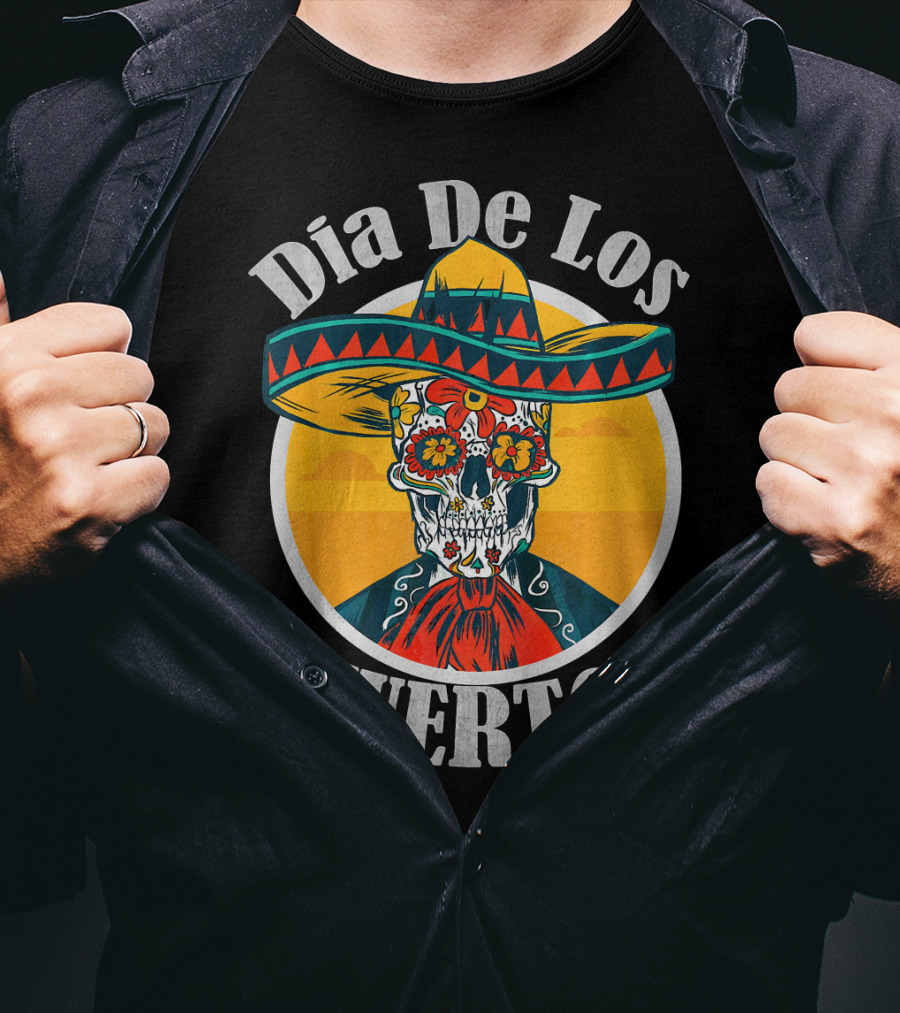 Dia De Los Muertos Skull With Sombrero And Floral Decoration T-Shirt