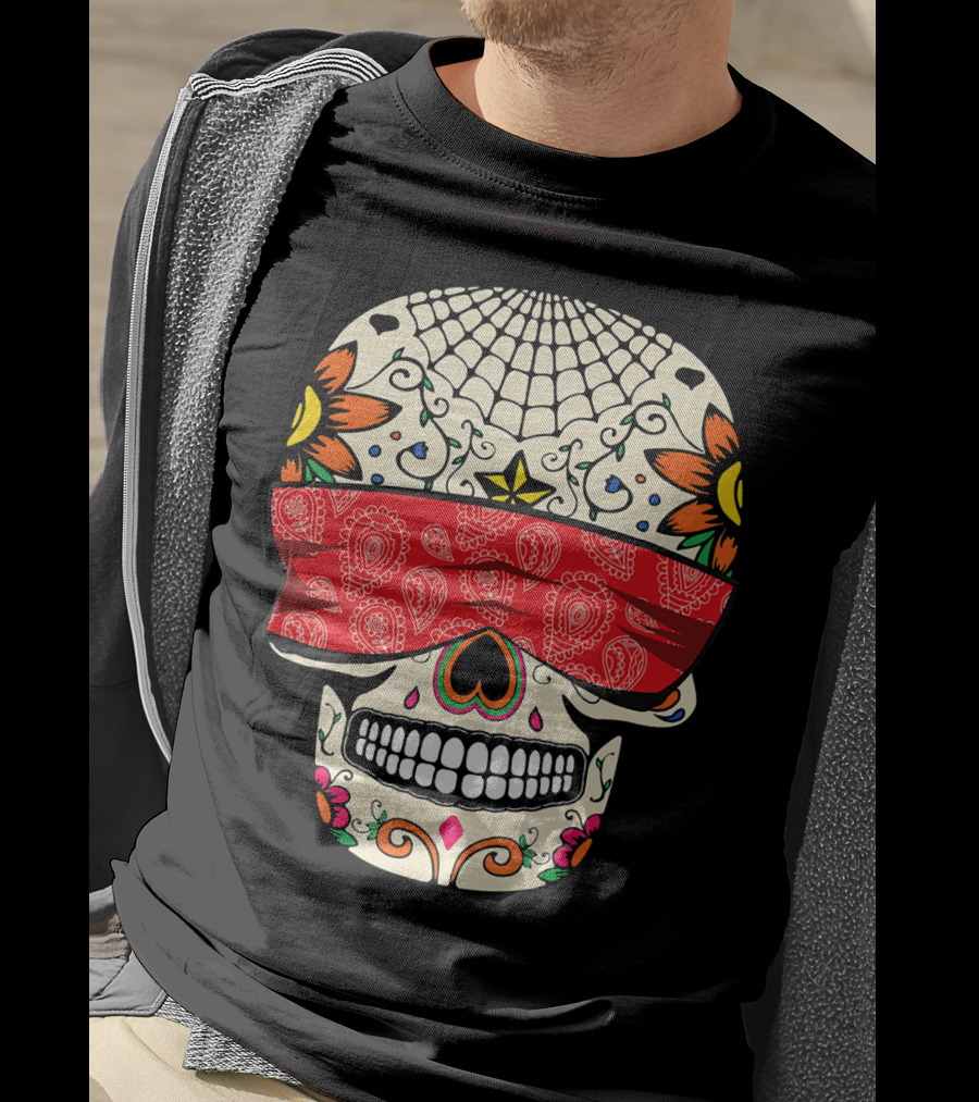 See No Evil Sugar Skull With Red Bandana And Floral Motifs T-Shirt