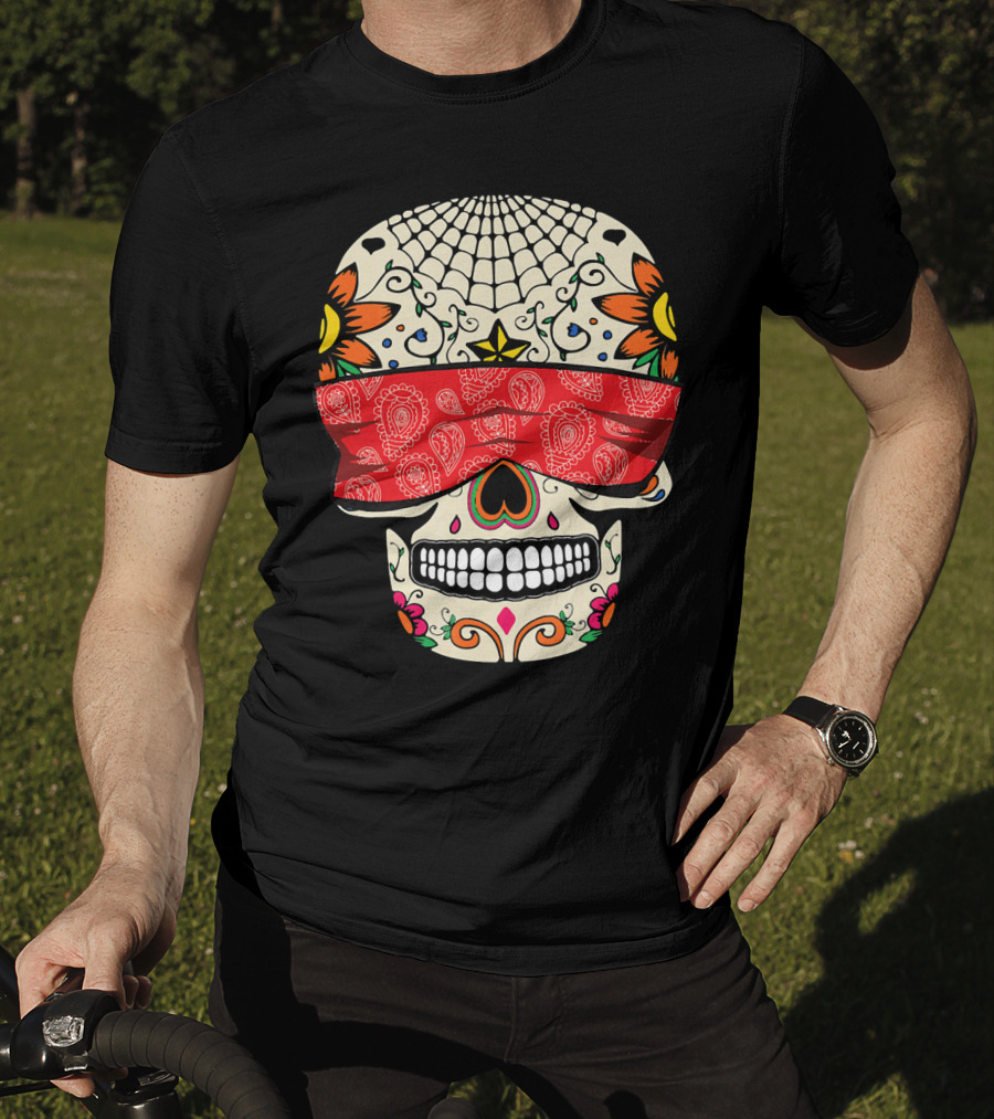 See No Evil Sugar Skull With Red Bandana And Floral Motifs T-Shirt