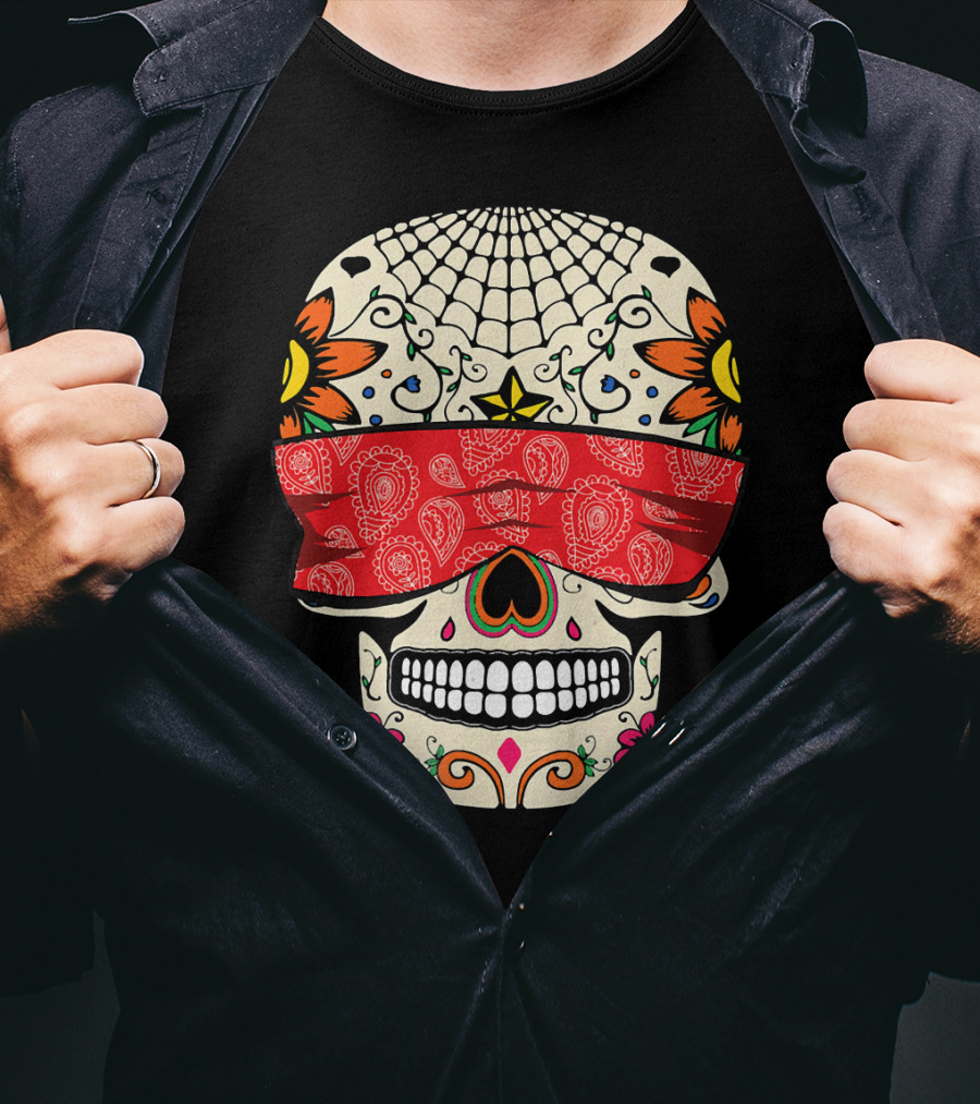 See No Evil Sugar Skull With Red Bandana And Floral Motifs T-Shirt