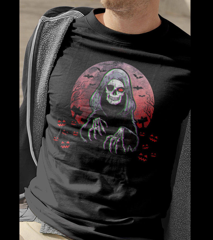 Grim Reaper Angel Of Death Halloween Horror Spooky Night Bats Pumpkins Crosses Skull T-Shirt
