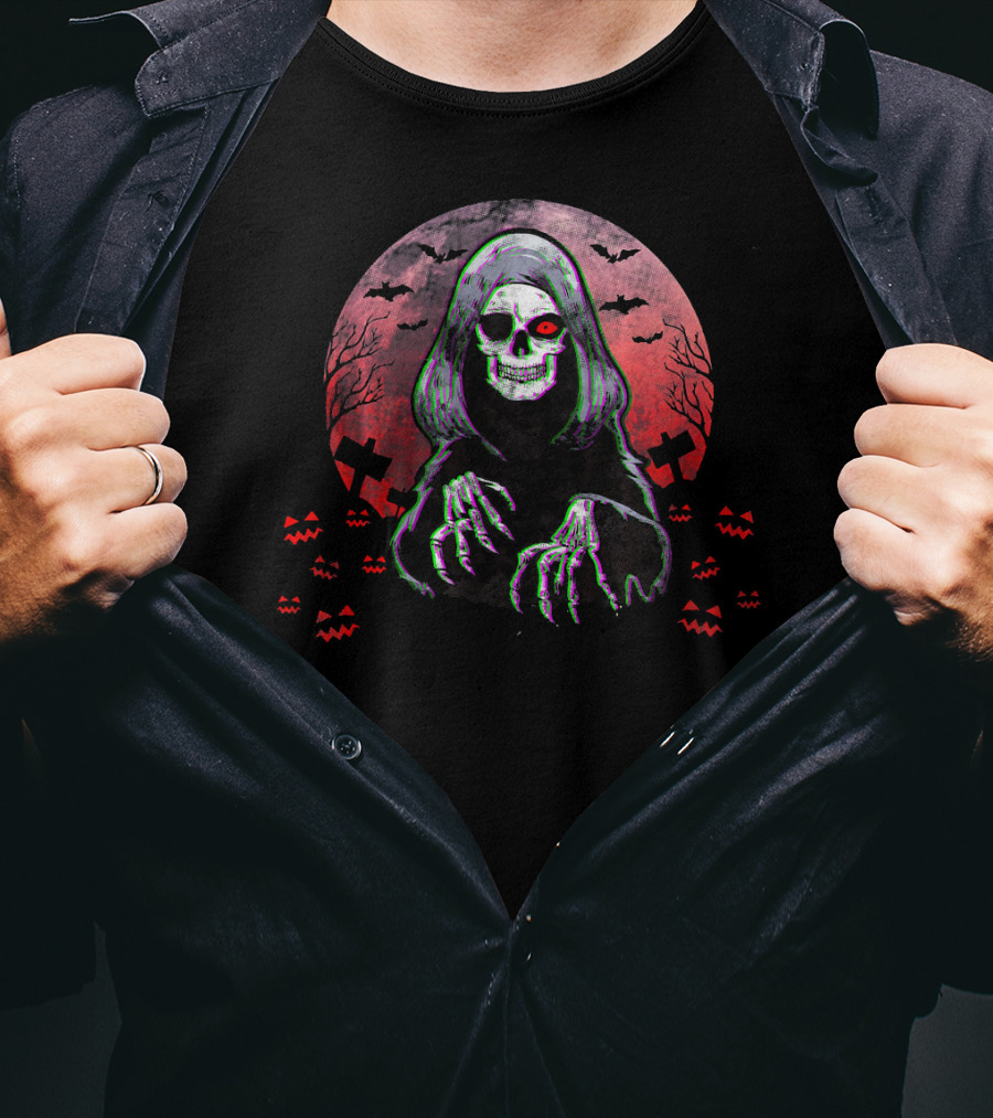 Grim Reaper Angel Of Death Halloween Horror Spooky Night Bats Pumpkins Crosses Skull T-Shirt