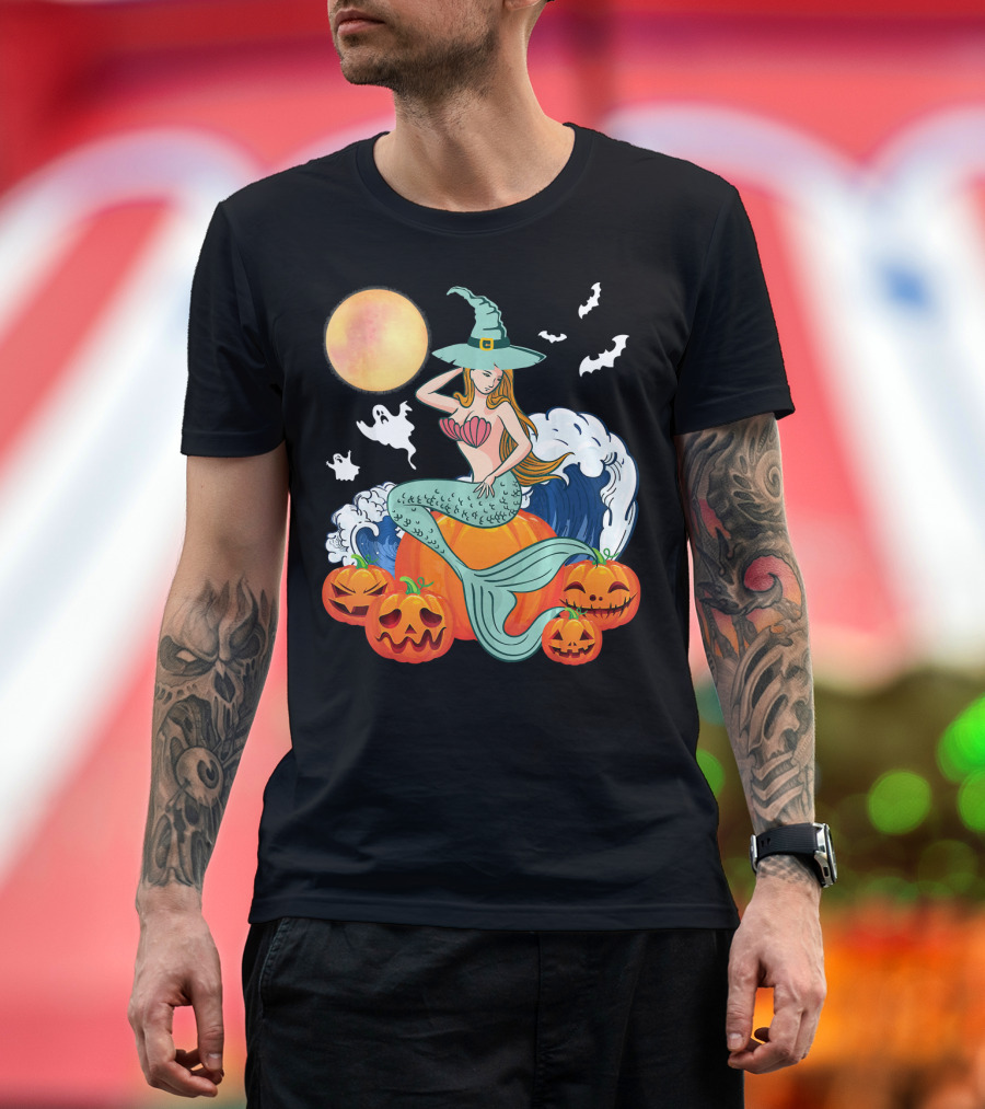 Scary Moon Pumpkin Ghosts Mermaid Witch with Jack-O'-Lanterns and Bats T-Shirt