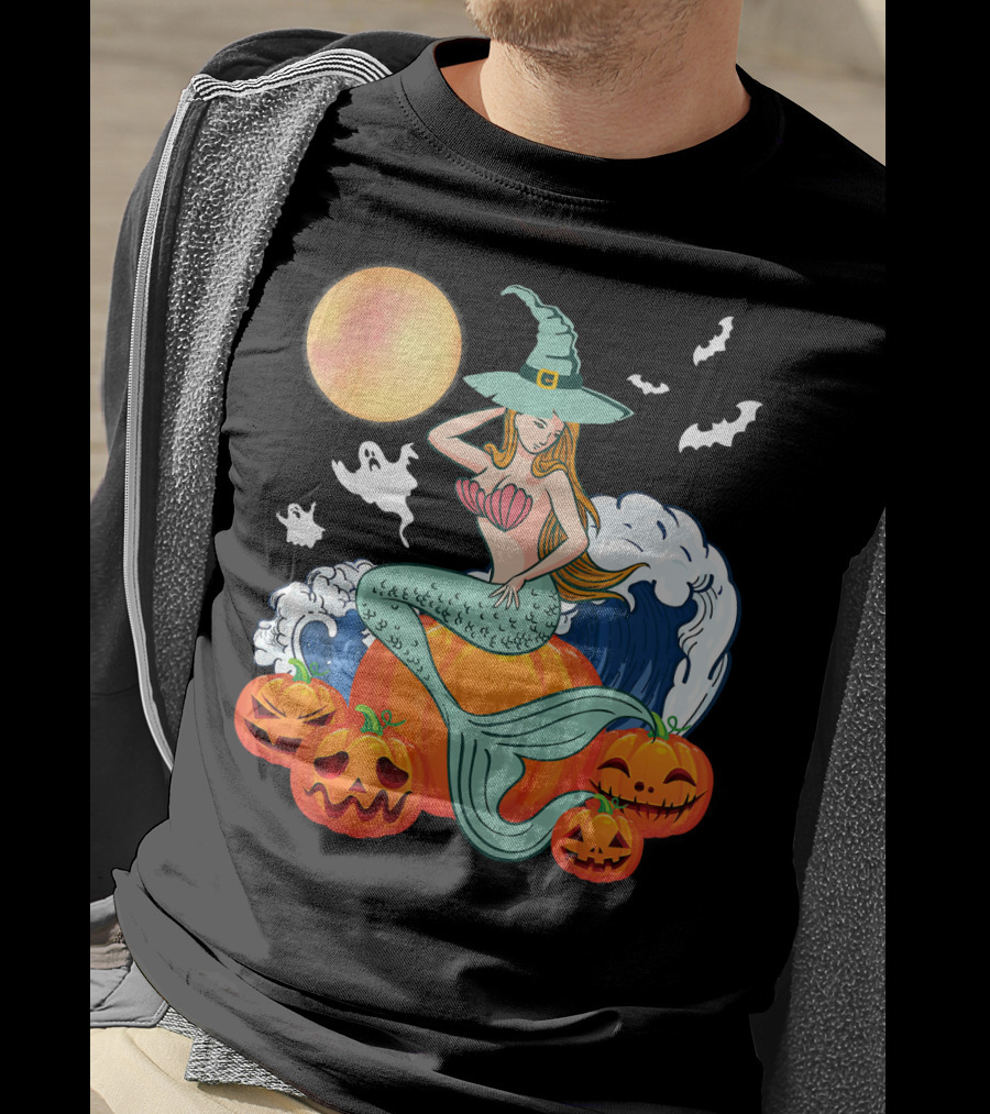 Scary Moon Pumpkin Ghosts Mermaid Witch With Jack-O'-Lanterns And Bats T-Shirt