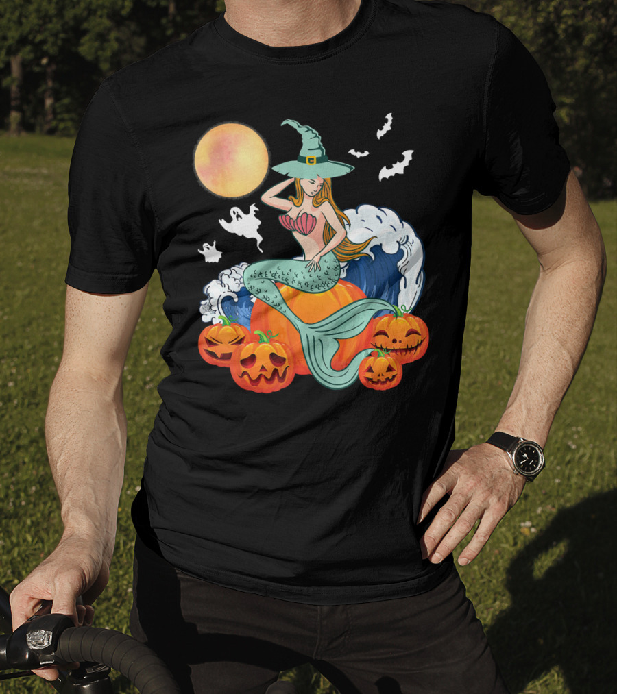Scary Moon Pumpkin Ghosts Mermaid Witch With Jack-O'-Lanterns And Bats T-Shirt