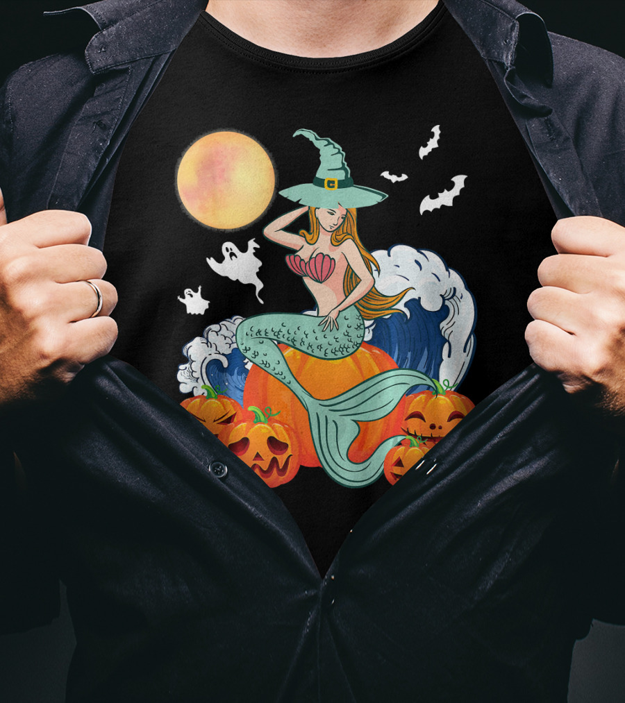 Scary Moon Pumpkin Ghosts Mermaid Witch With Jack-O'-Lanterns And Bats T-Shirt