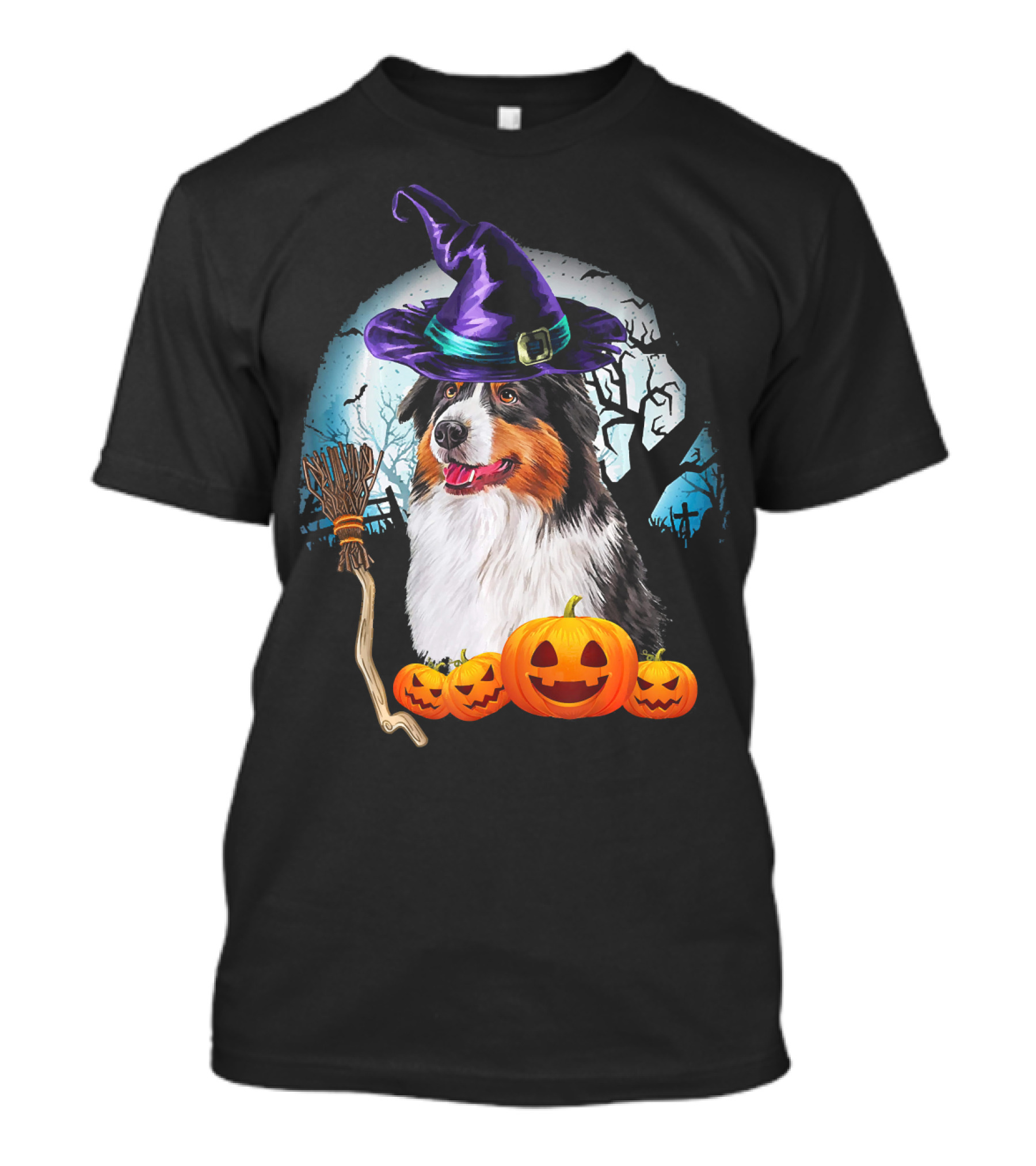 Australian Shepherd Halloween Witch Hat Dog With Pumpkins And Broomstick T-Shirt