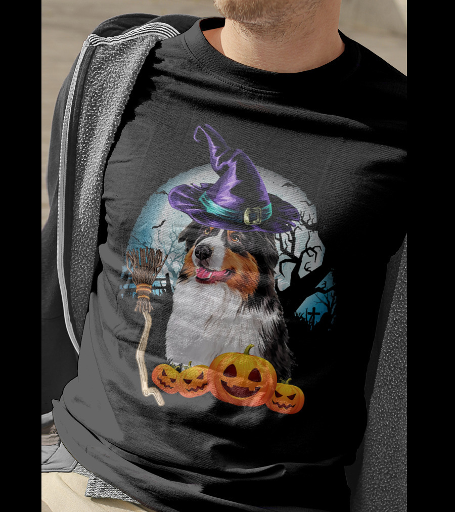 Australian Shepherd Halloween Witch Hat Dog With Pumpkins And Broomstick T-Shirt