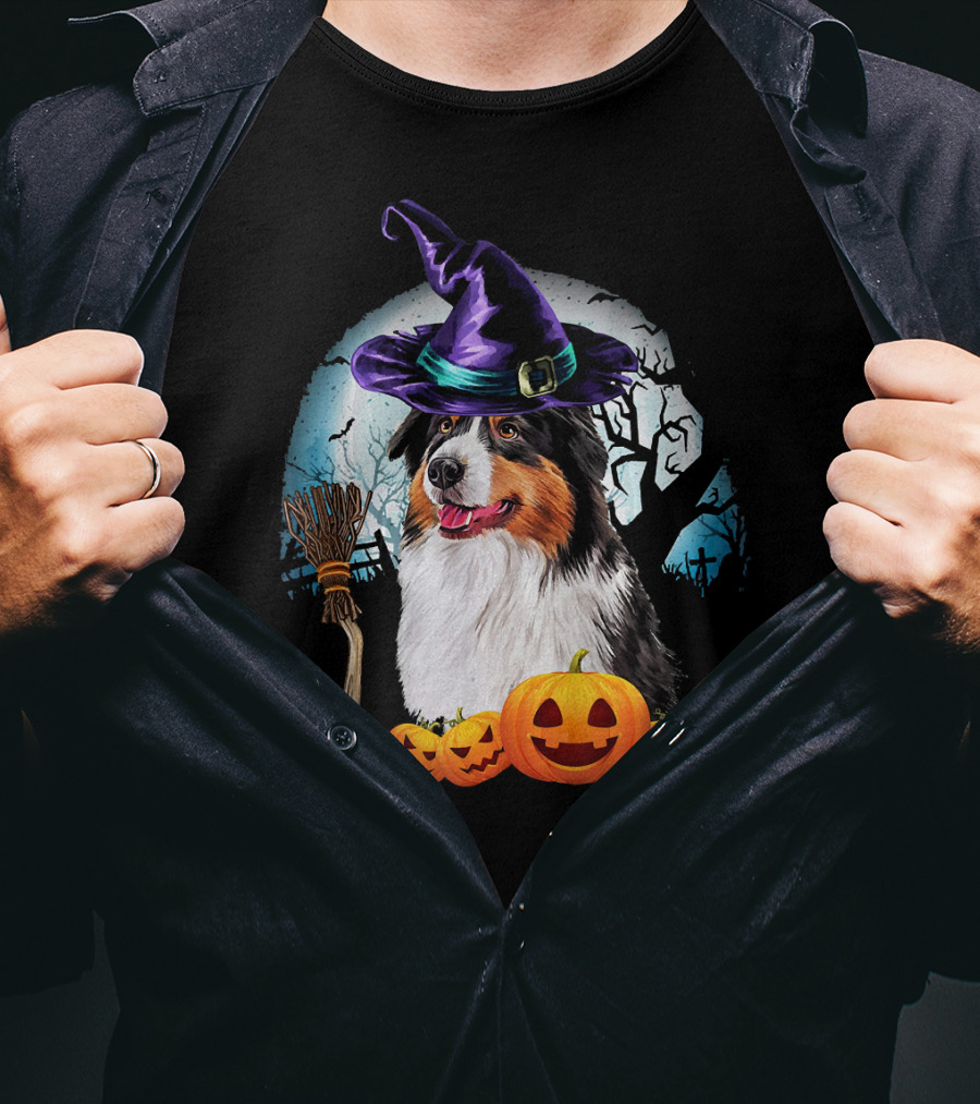 Australian Shepherd Halloween Witch Hat Dog With Pumpkins And Broomstick T-Shirt