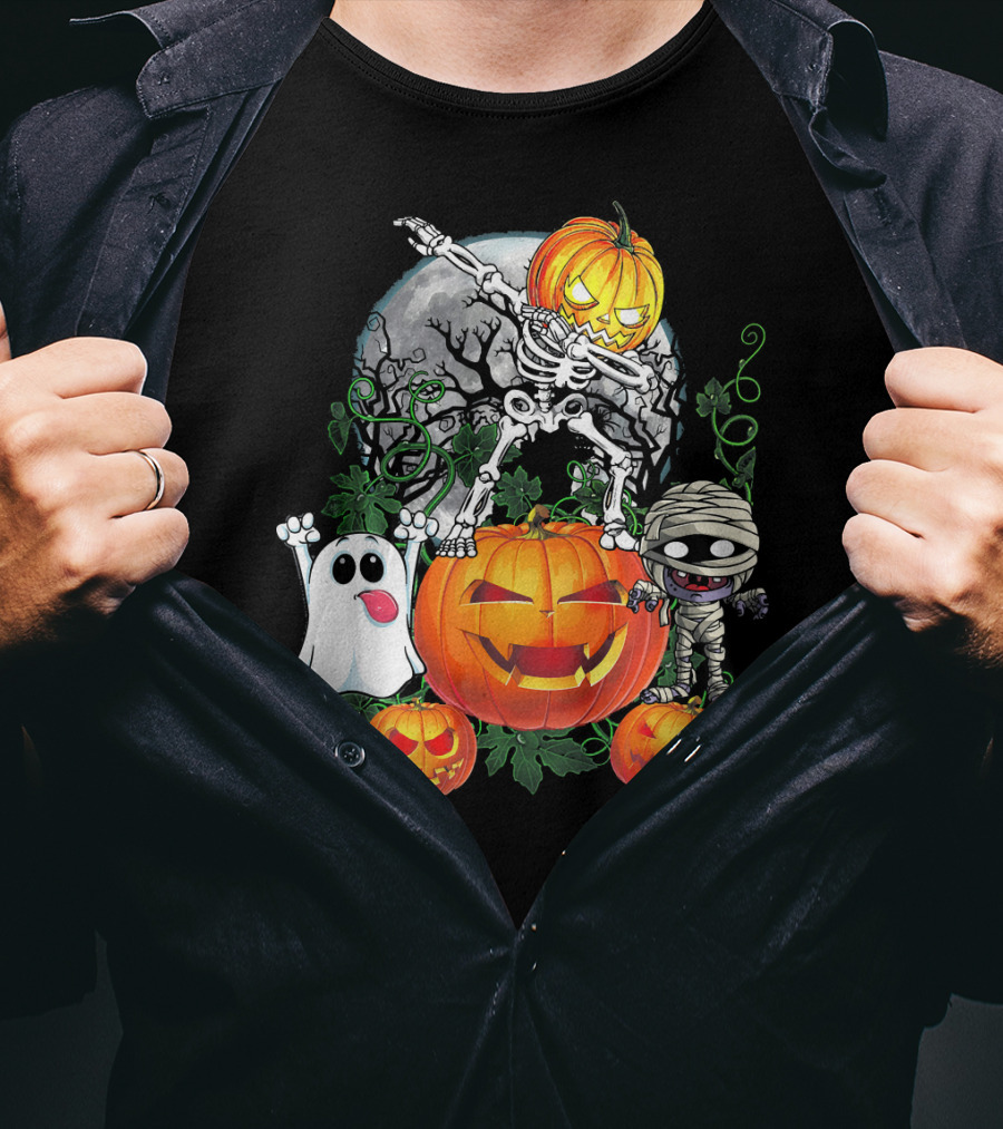 Dabbing Skeleton Pumpkin Ghost Mummy Halloween Moon Scene T-Shirt