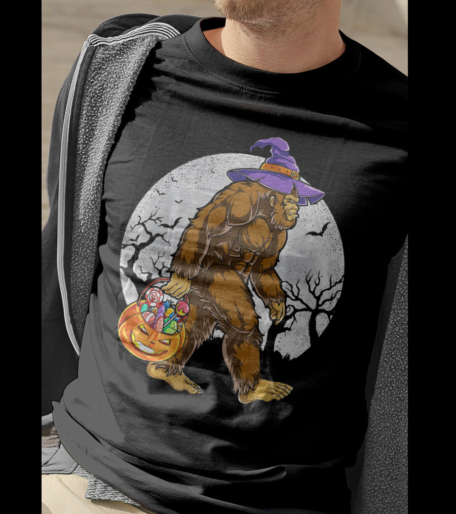 Bigfoot Witch Carrying Pumpkin Candy Basket In Spooky Moonlit Forest T-Shirt