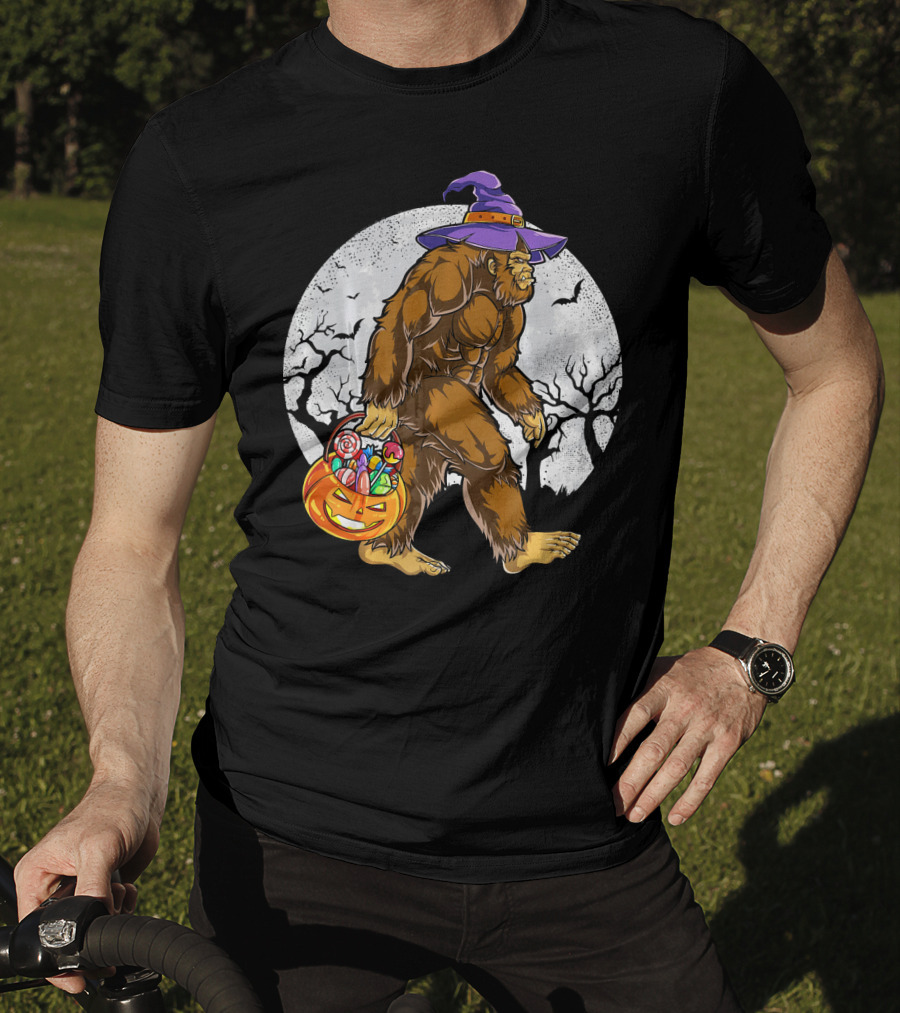 Bigfoot Witch Carrying Pumpkin Candy Basket In Spooky Moonlit Forest T-Shirt