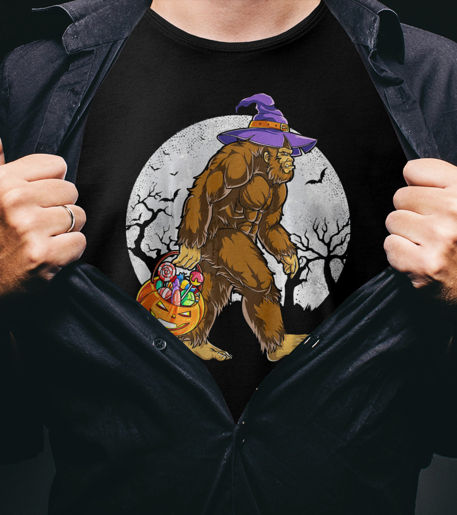 Bigfoot Witch Carrying Pumpkin Candy Basket In Spooky Moonlit Forest T-Shirt
