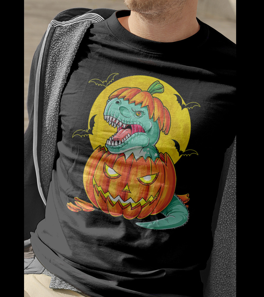 Dinosaur Pumpkin Halloween Moon Bats T-Shirt