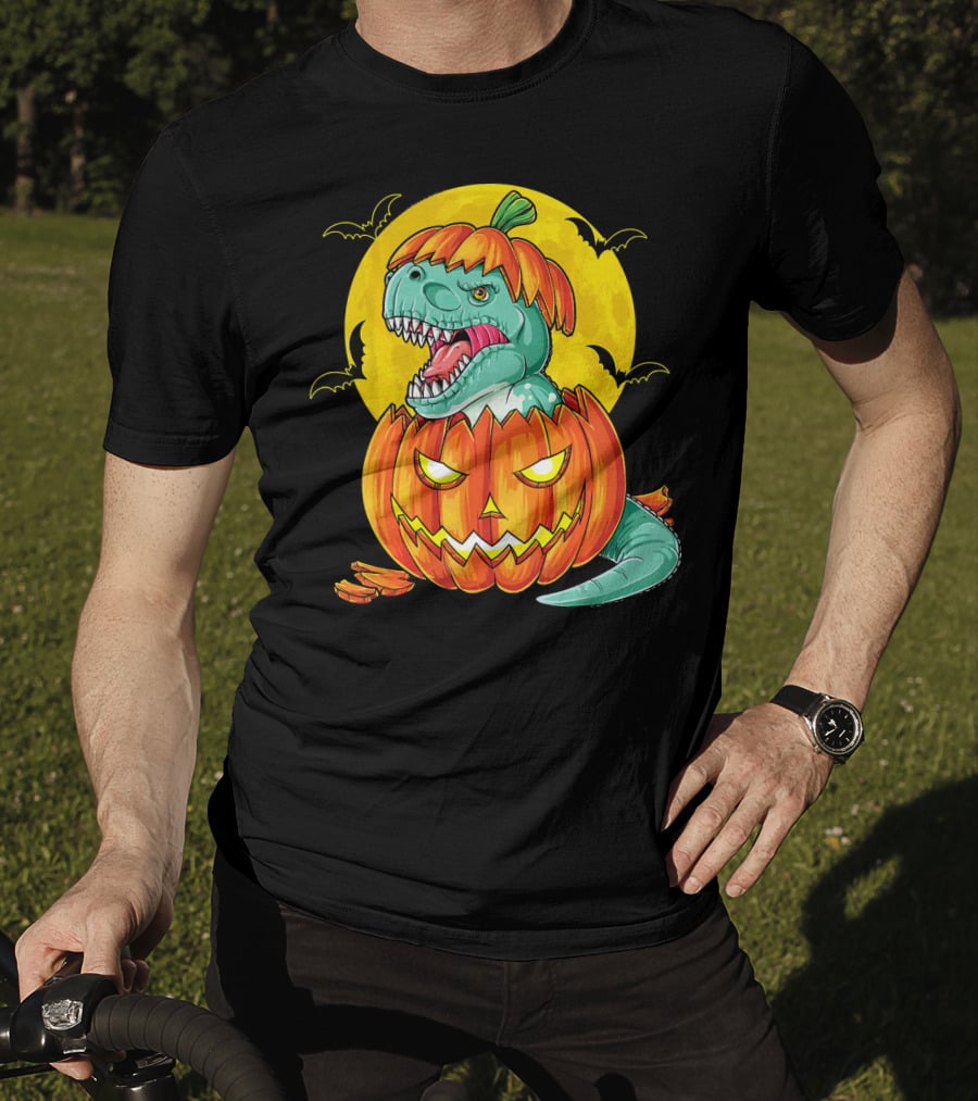 Dinosaur Pumpkin Halloween Moon Bats T-Shirt