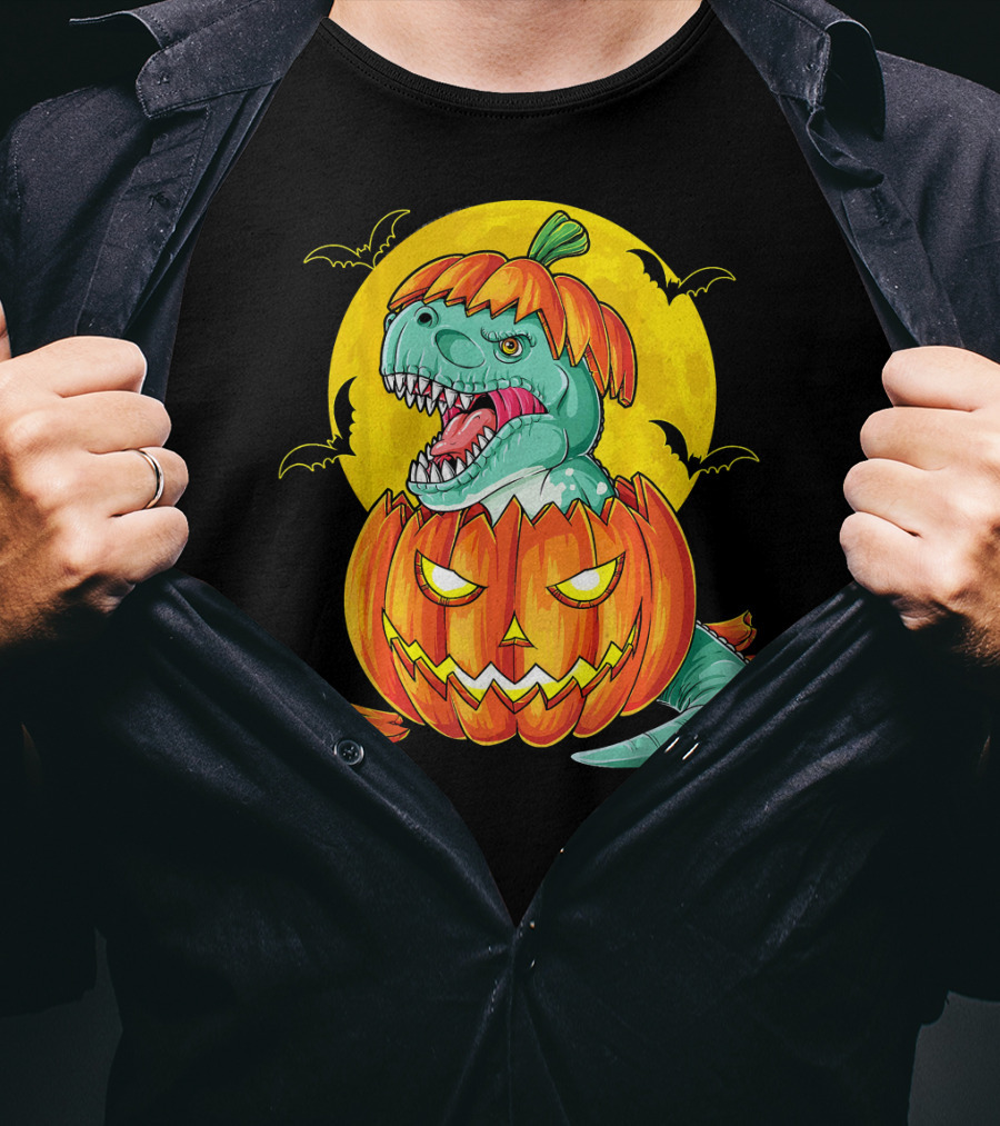 Dinosaur Pumpkin Halloween Moon Bats T-Shirt