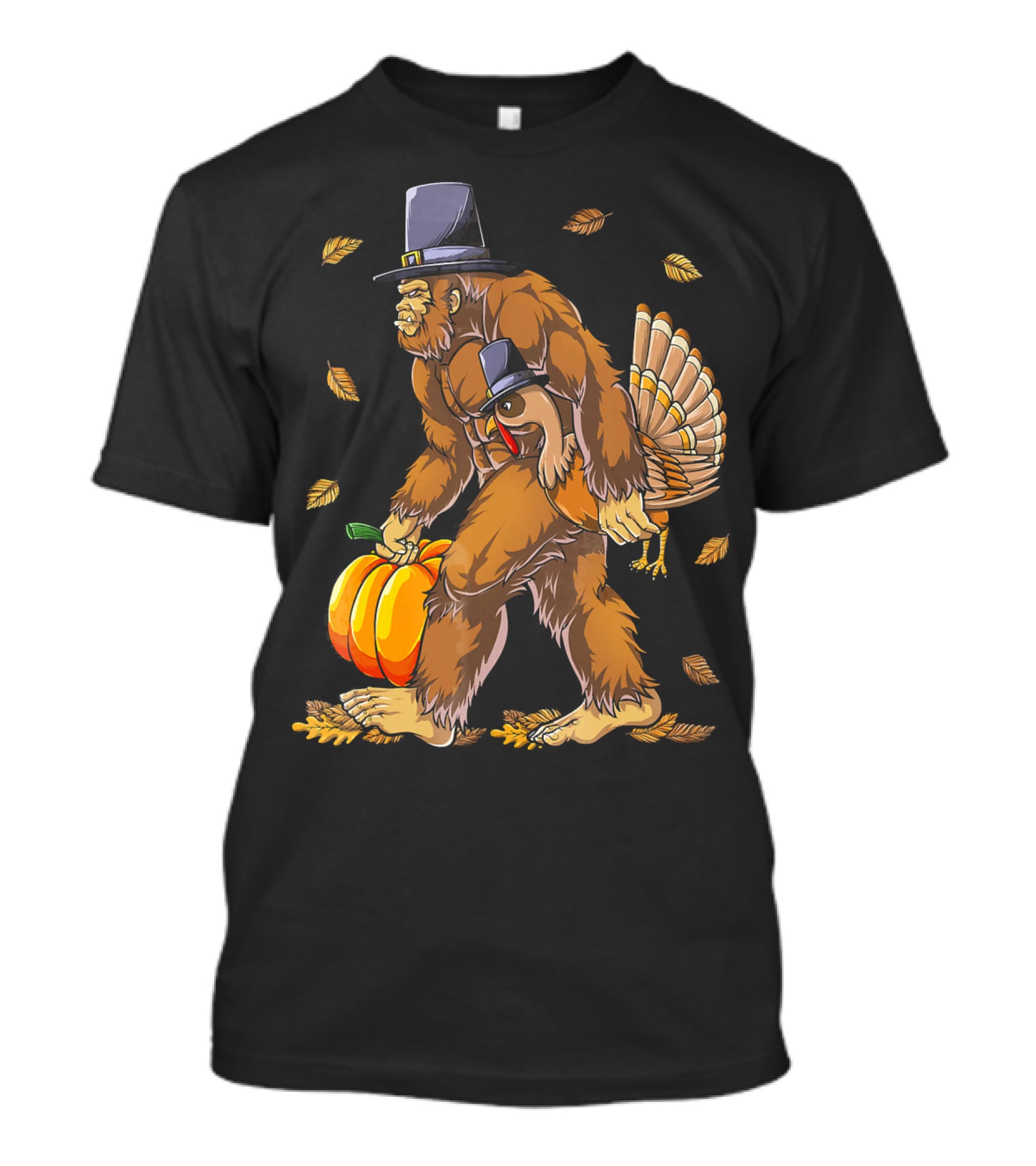 Thanksgiving Bigfoot Pilgrim Turkey Pumpkin Autumn Leaves T-Shirt