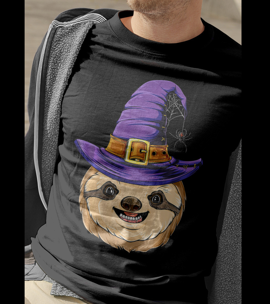 Sloth Witch Halloween Purple Hat Spider T-Shirt