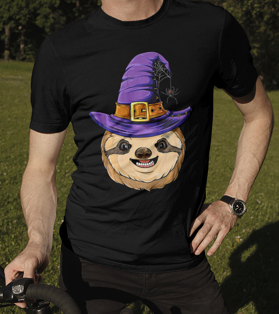 Sloth Witch Halloween Purple Hat Spider T-Shirt