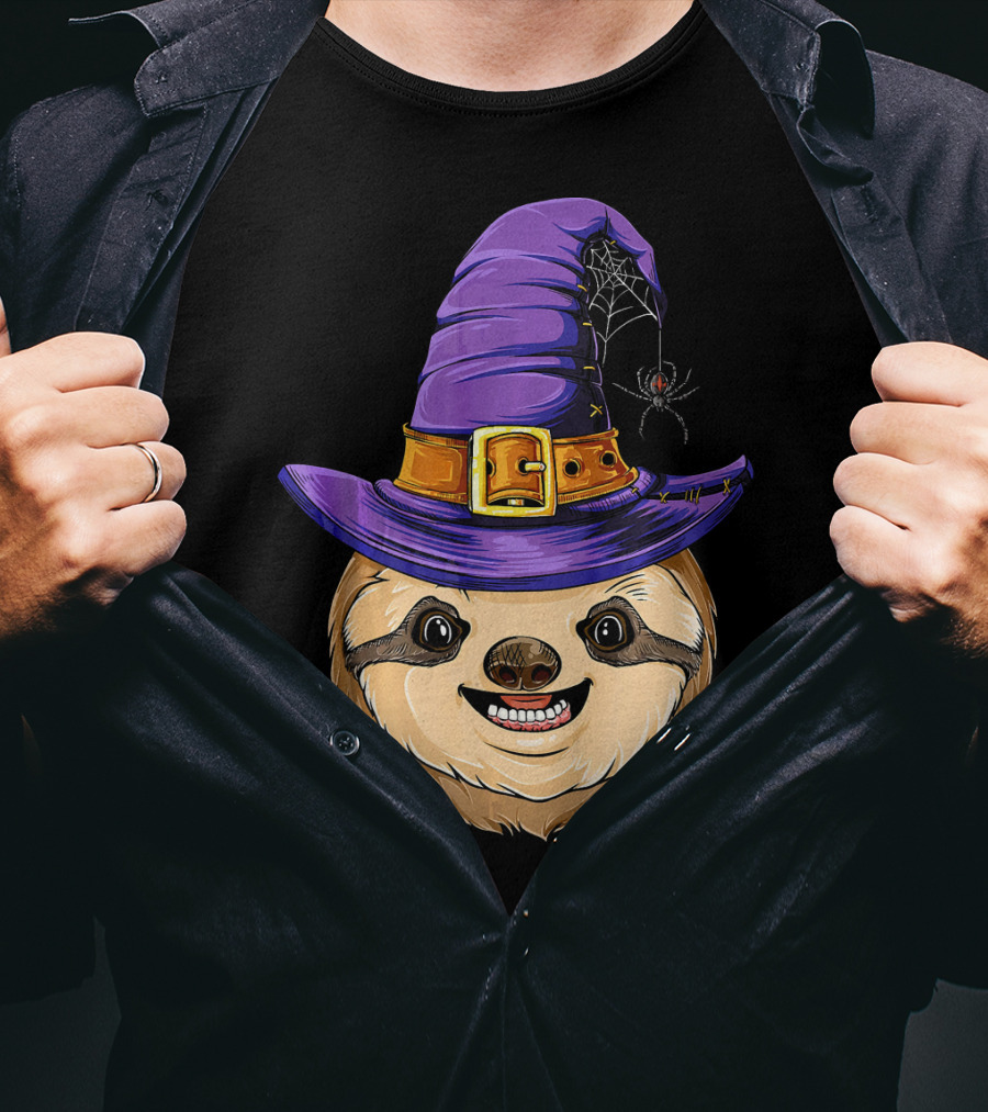 Sloth Witch Halloween Purple Hat Spider T-Shirt