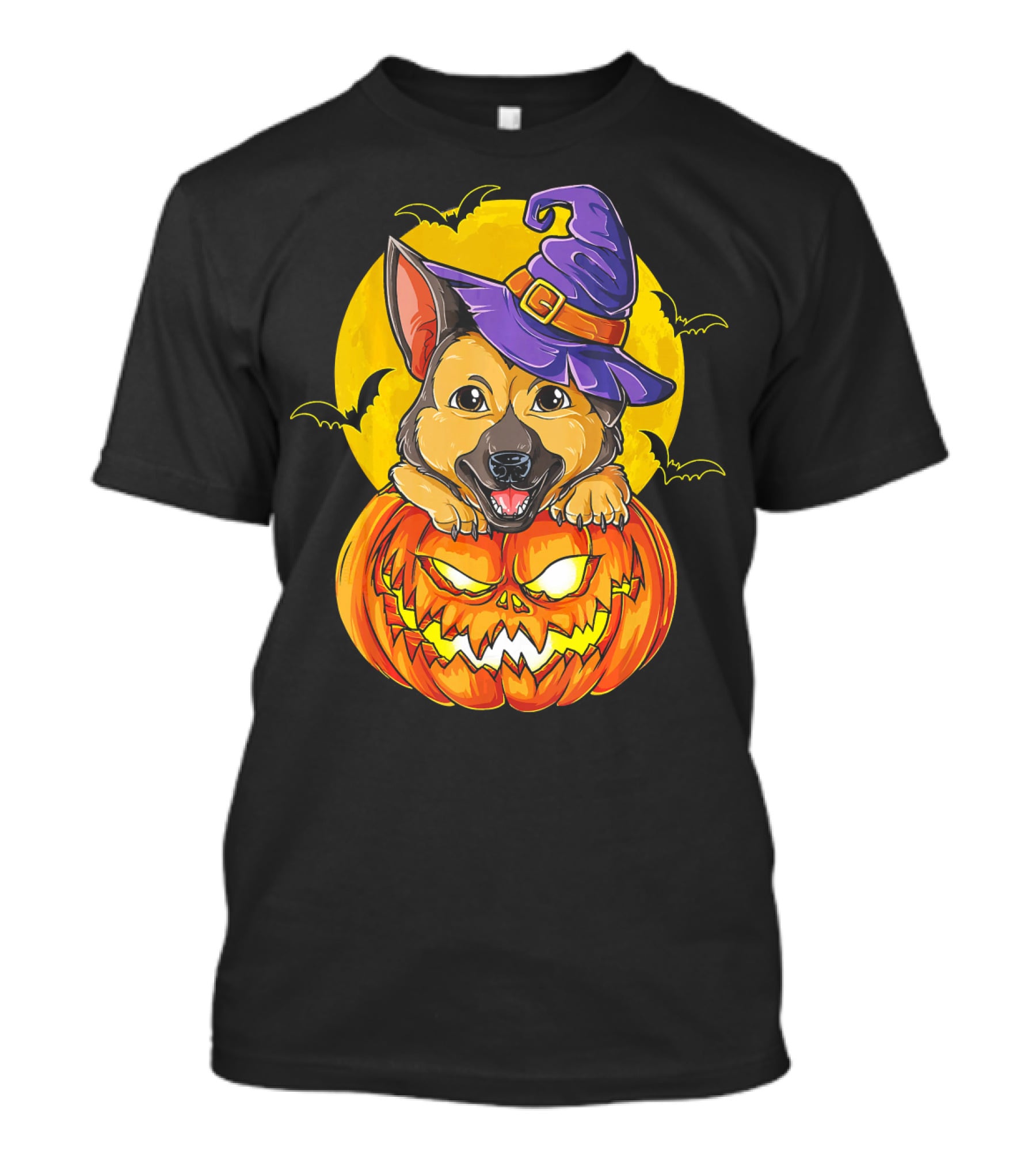 German Shepherd Pumpkin With Witch Hat And Bats T-Shirt