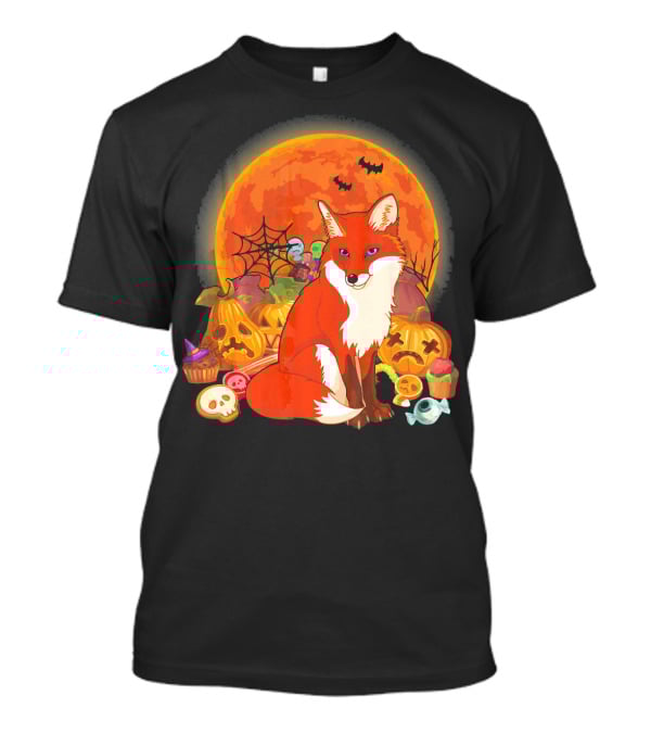 Funny Fox Halloween Full Moon Pumpkin Candy Scene T-Shirt