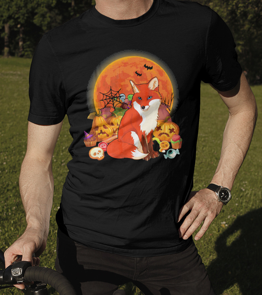 Funny Fox Halloween Full Moon Pumpkin Candy Scene T-Shirt