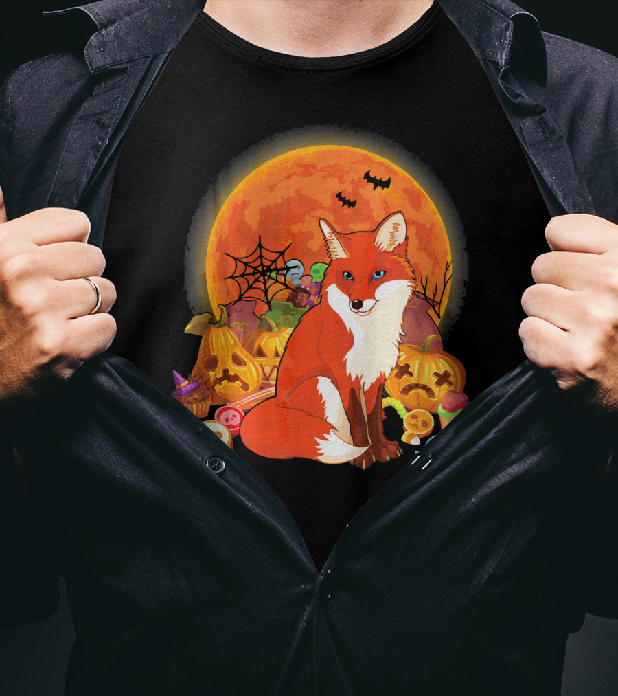 Funny Fox Halloween Full Moon Pumpkin Candy Scene T-Shirt