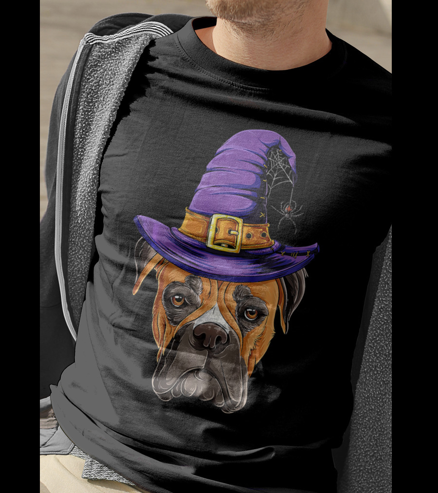 Boxer Dog Halloween Witch Hat Spider T-Shirt