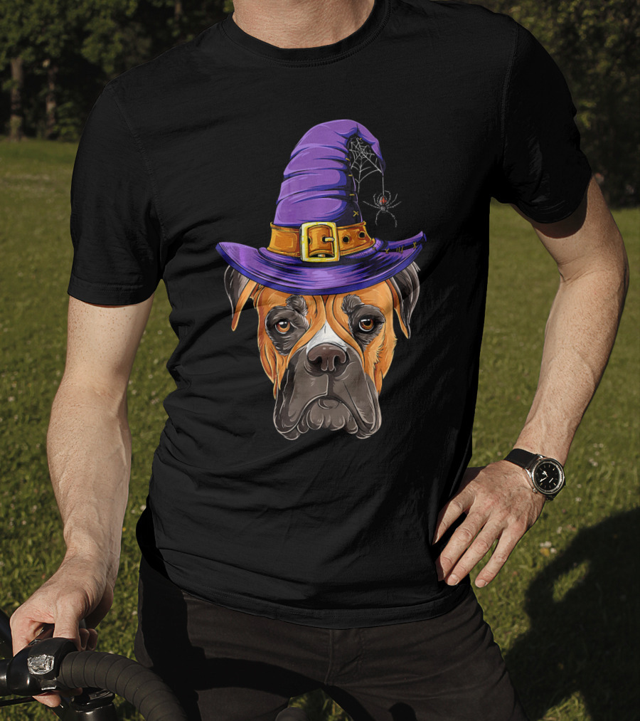 Boxer Dog Halloween Witch Hat Spider T-Shirt