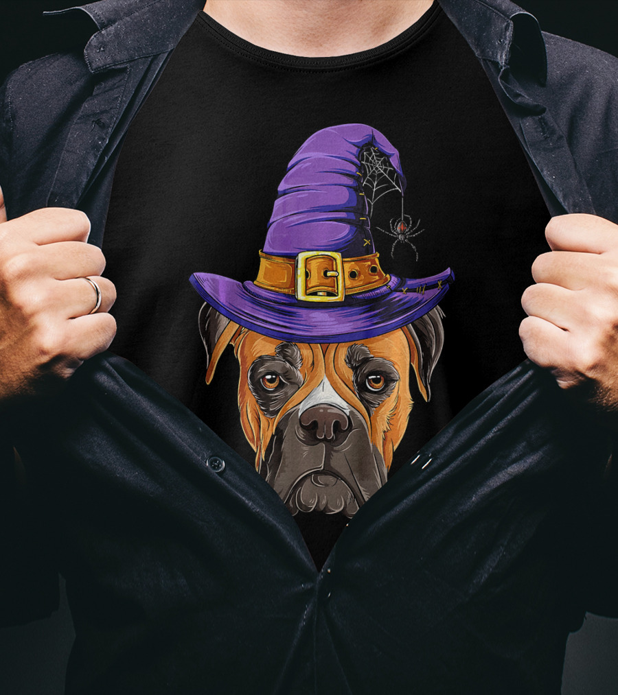 Boxer Dog Halloween Witch Hat Spider T-Shirt