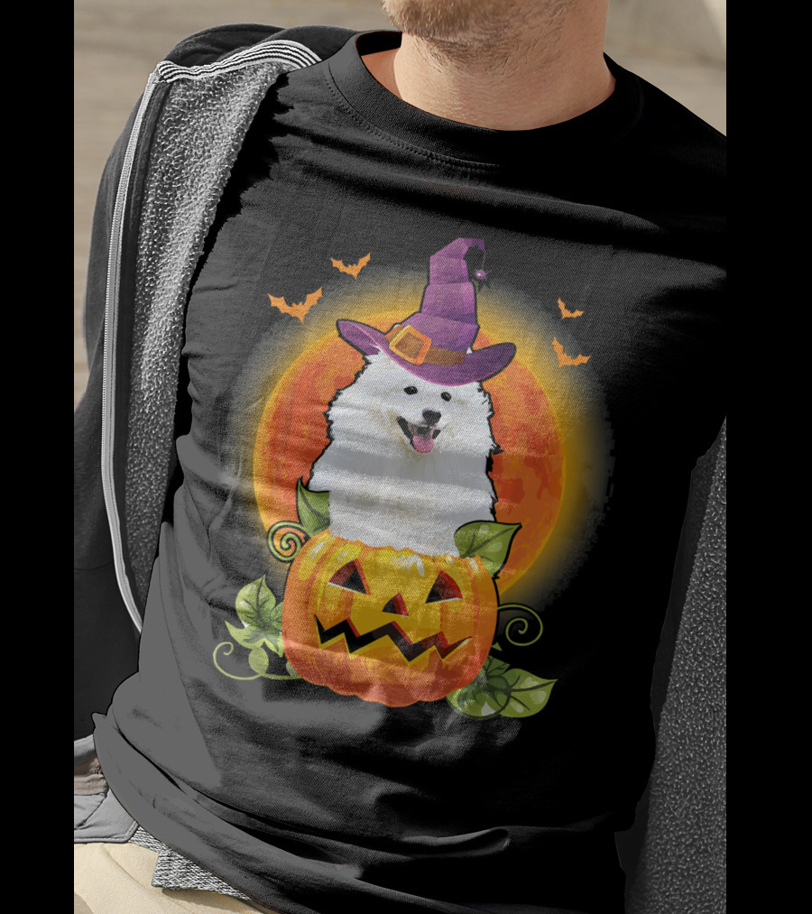 Samoyed Dog Witch Hat Pumpkin Halloween Moon T-Shirt
