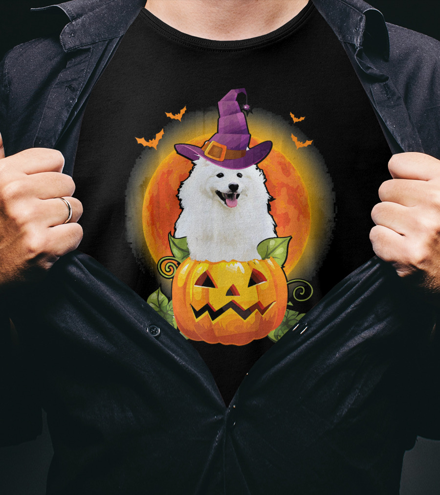 Samoyed Dog Witch Hat Pumpkin Halloween Moon T-Shirt