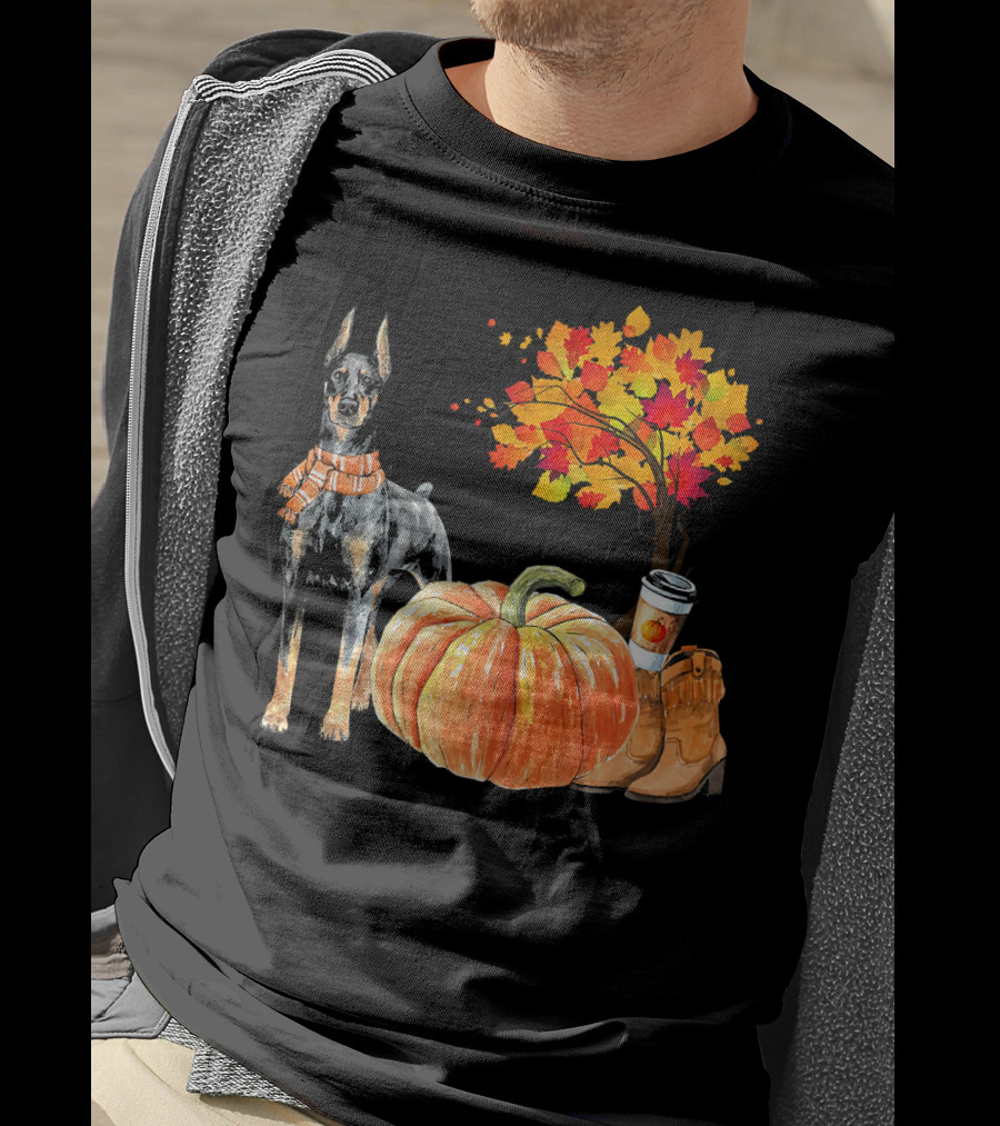 Doberman Pinscher Scarf Pumpkin Spice Autumn Boots Cozy Fall Leaves T-Shirt