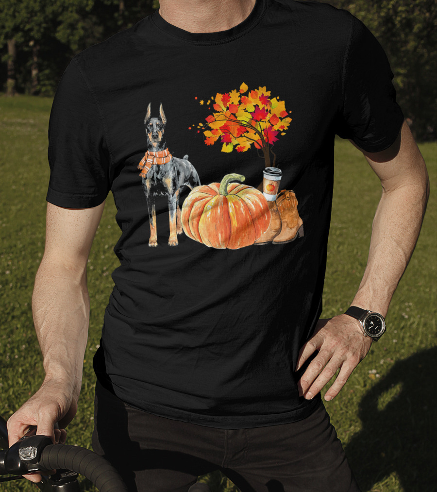 Doberman Pinscher Scarf Pumpkin Spice Autumn Boots Cozy Fall Leaves T-Shirt