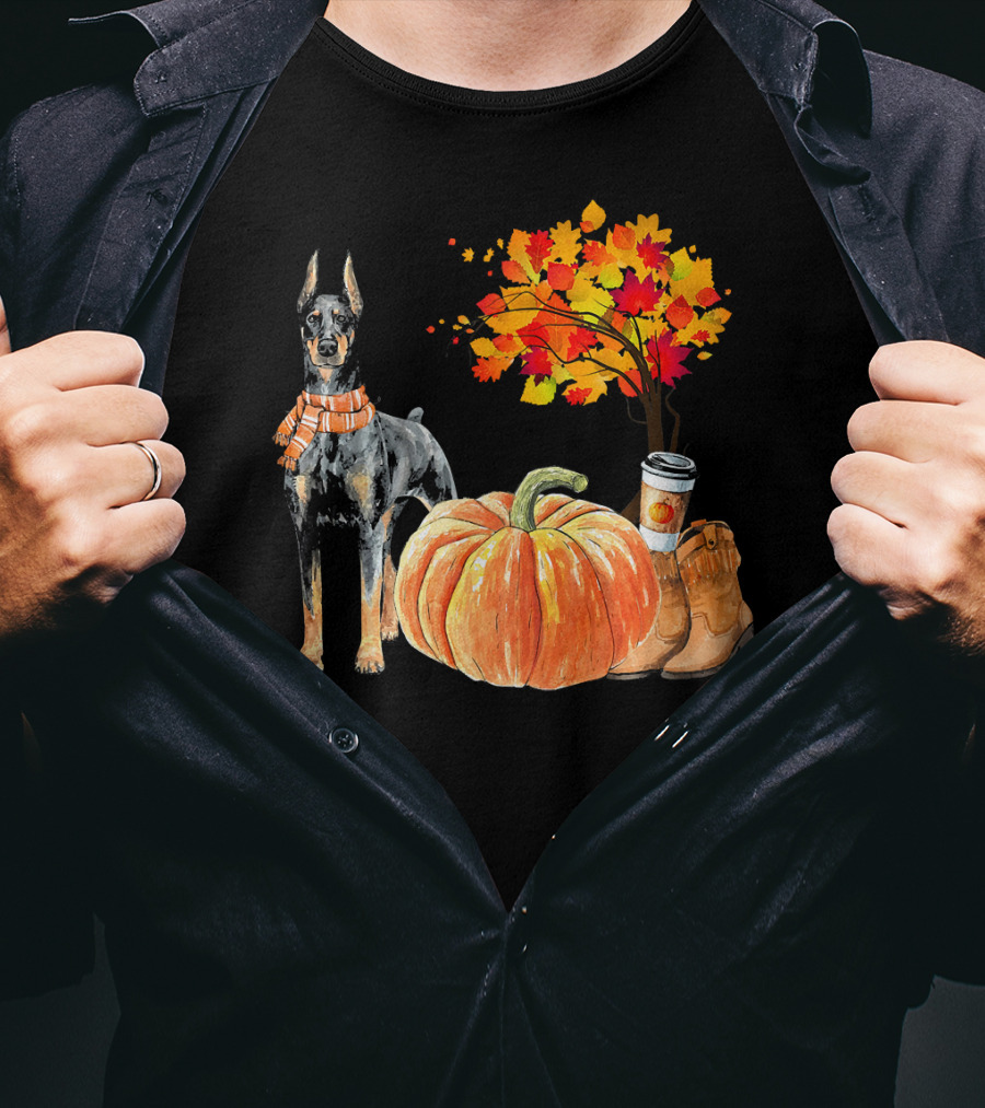 Doberman Pinscher Scarf Pumpkin Spice Autumn Boots Cozy Fall Leaves T-Shirt