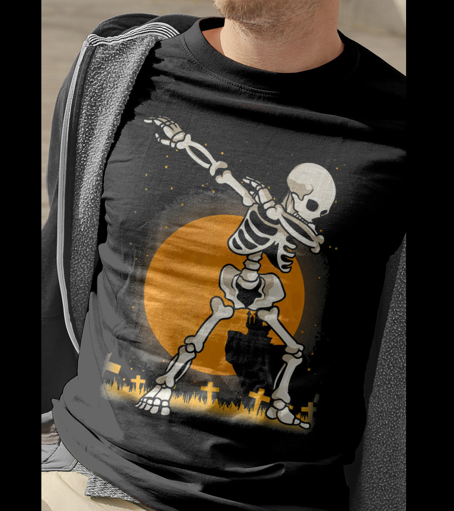 Halloween Skeleton Dabbing In Graveyard With Full Moon T-Shirt