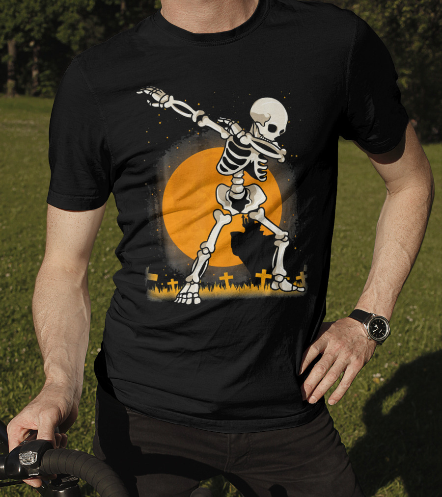 Halloween Skeleton Dabbing In Graveyard With Full Moon T-Shirt