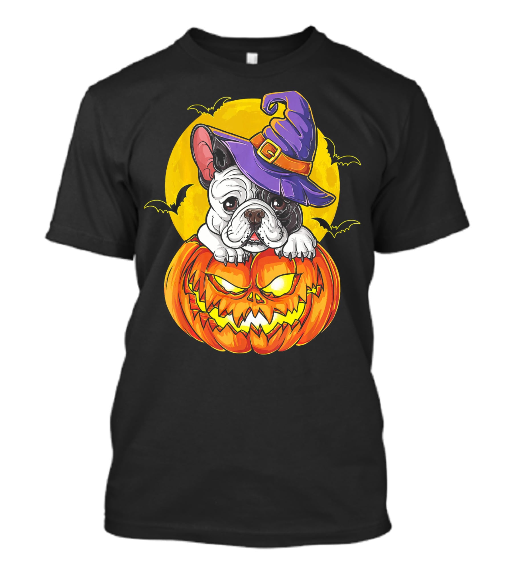 Halloween French Bulldog Witch In Pumpkin With Full Moon And Bats T-Shirt