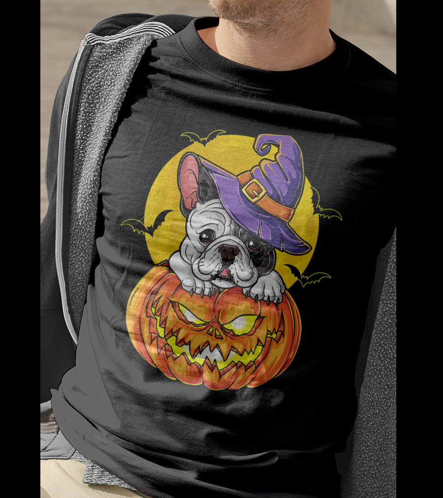 Halloween French Bulldog Witch In Pumpkin With Full Moon And Bats T-Shirt