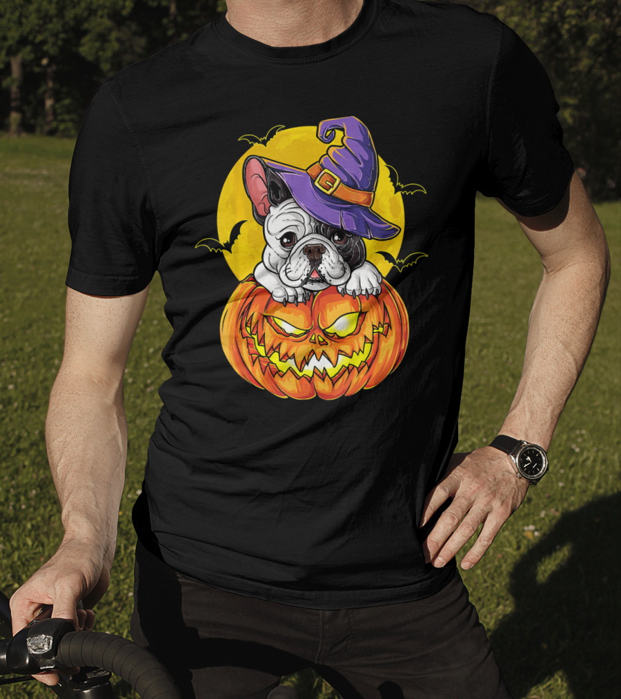 Halloween French Bulldog Witch In Pumpkin With Full Moon And Bats T-Shirt
