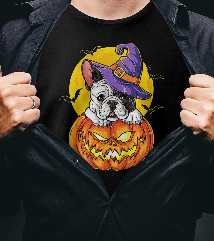 Halloween French Bulldog Witch In Pumpkin With Full Moon And Bats T-Shirt