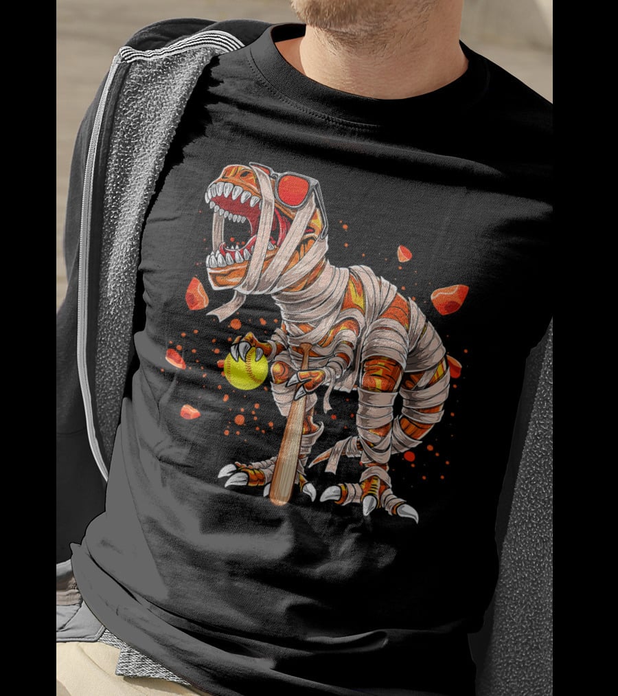Mummy Dinosaur Playing Softball With Bat And Ball T-Shirt