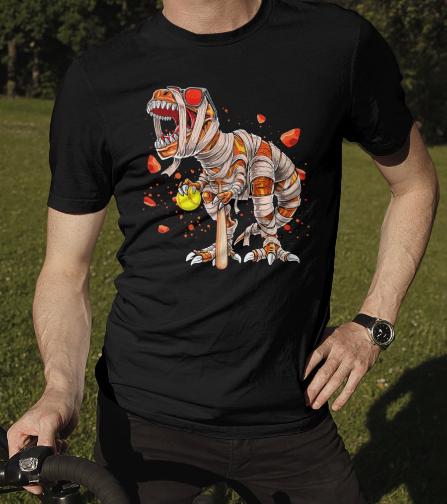 Mummy Dinosaur Playing Softball With Bat And Ball T-Shirt