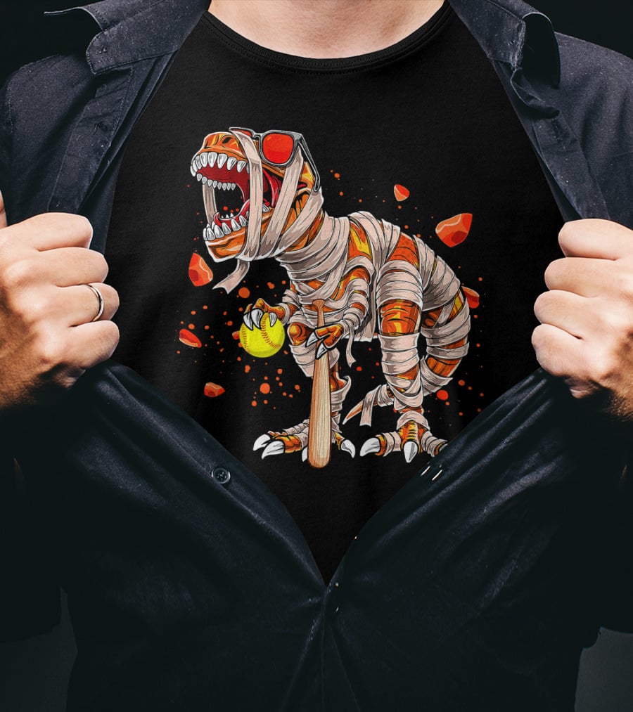 Mummy Dinosaur Playing Softball With Bat And Ball T-Shirt