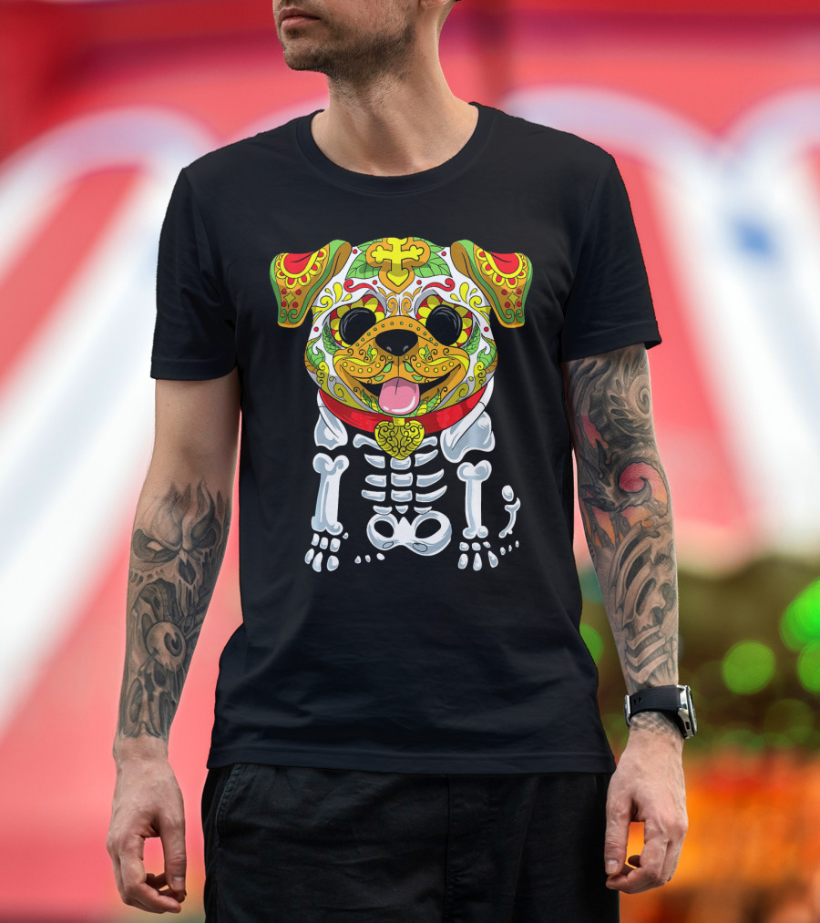 Dia de Los Muertos and Halloween Sugar Skull Dog Skeleton T-Shirt