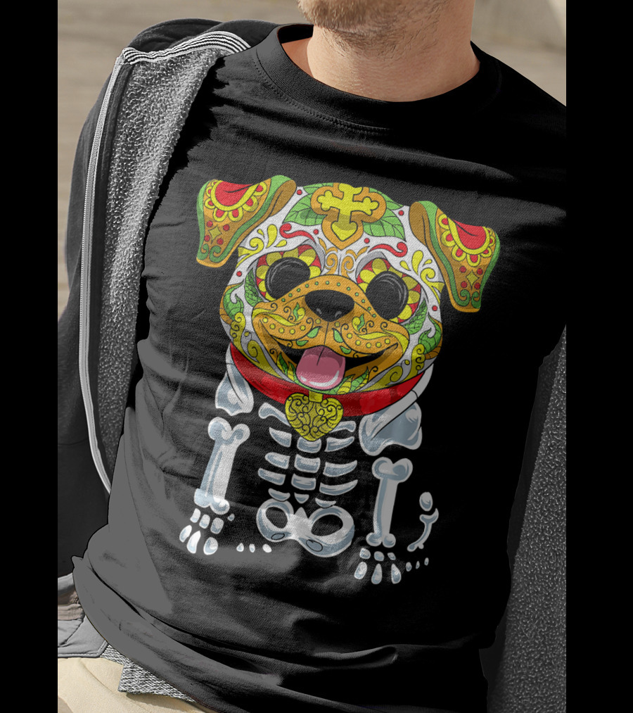 Dia De Los Muertos And Halloween Sugar Skull Dog Skeleton T-Shirt