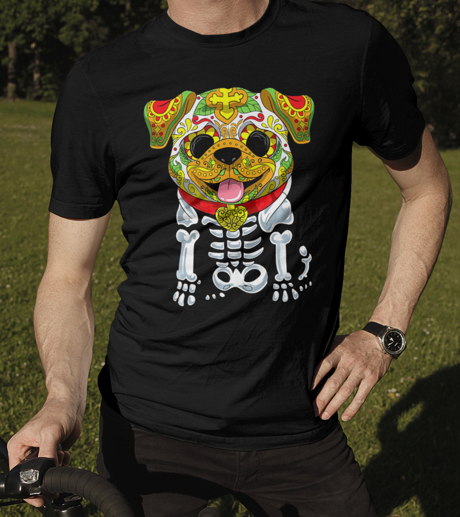 Dia De Los Muertos And Halloween Sugar Skull Dog Skeleton T-Shirt